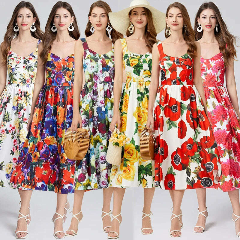 KIMLUD, Summer Sexy Suspender Women's Printed Sleeveless V-Neck Cup Padded Back Zipper Elastic Boho Midi Vestidos Feminino Holidays 635, KIMLUD Womens Clothes