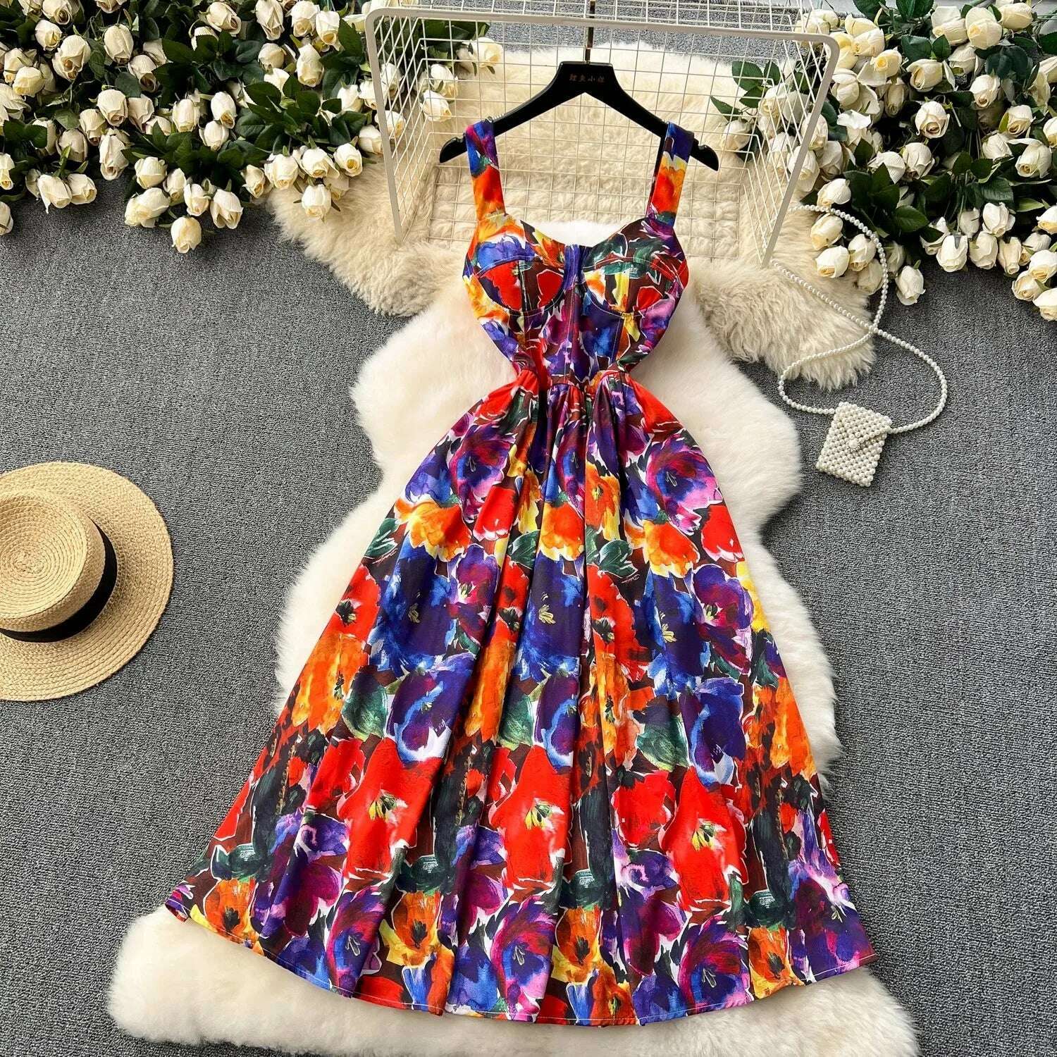 Summer Sexy Suspender Women's Printed Sleeveless V-Neck Cup Padded Back Zipper Elastic Boho Midi Vestidos Feminino Holidays 635 - KIMLUD