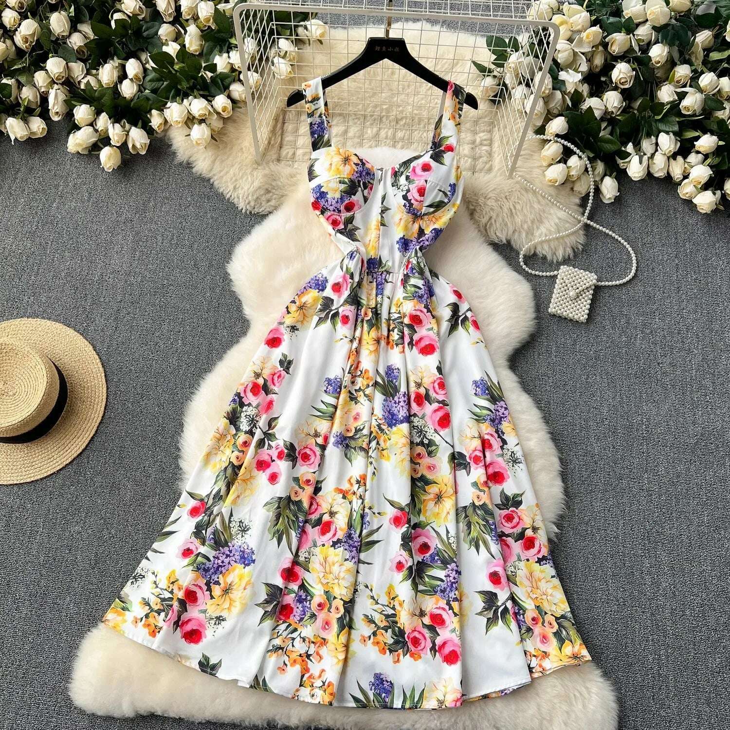 Summer Sexy Suspender Women's Printed Sleeveless V-Neck Cup Padded Back Zipper Elastic Boho Midi Vestidos Feminino Holidays 635 - KIMLUD