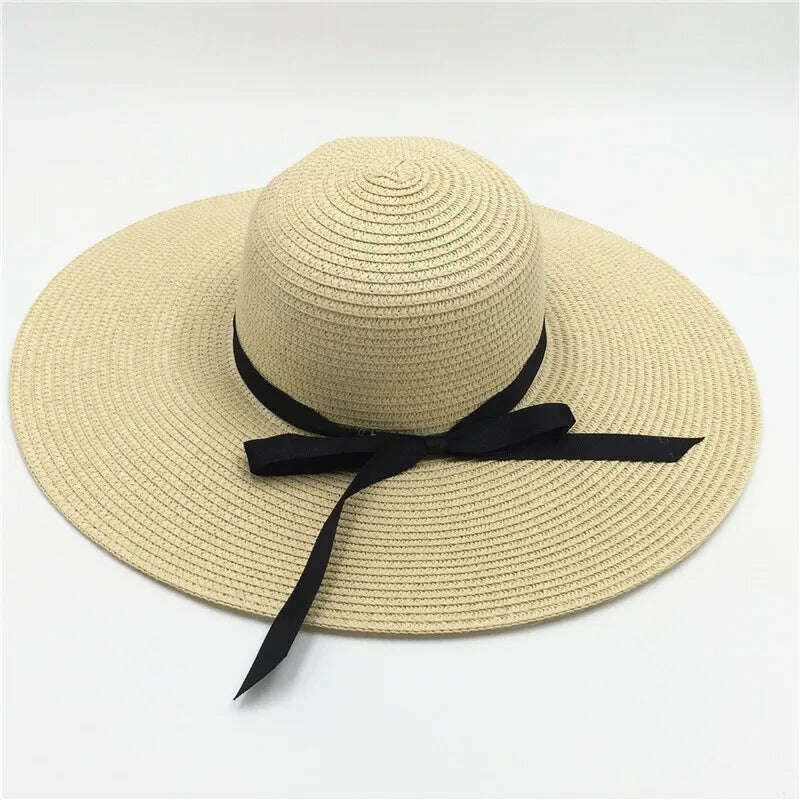 KIMLUD, Summer Simple Floppy Sun Hat Women Wide Brim Beach Hat Girls Seaside Travel Foldable Straw Hat Sunscreen UV Protection Lady Cap, Ribbon beige / Brim 11cm, KIMLUD APPAREL - Womens Clothes