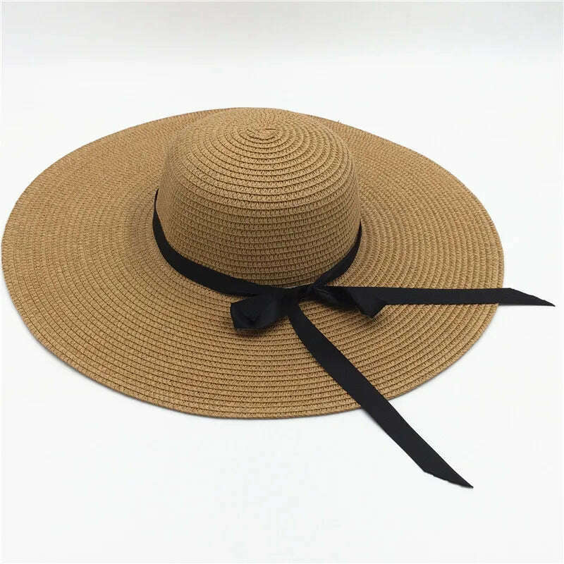 KIMLUD, Summer Simple Floppy Sun Hat Women Wide Brim Beach Hat Girls Seaside Travel Foldable Straw Hat Sunscreen UV Protection Lady Cap, Ribbon khaki / Brim 14cm, KIMLUD APPAREL - Womens Clothes