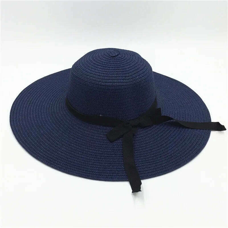 KIMLUD, Summer Simple Floppy Sun Hat Women Wide Brim Beach Hat Girls Seaside Travel Foldable Straw Hat Sunscreen UV Protection Lady Cap, Ribbon Navy blue / Brim 11cm, KIMLUD APPAREL - Womens Clothes