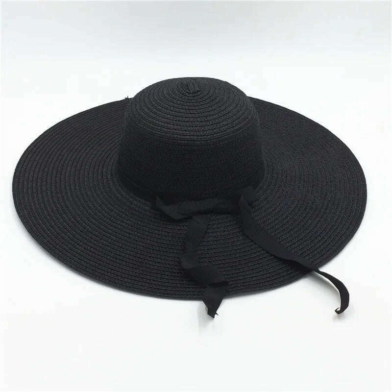 KIMLUD, Summer Simple Floppy Sun Hat Women Wide Brim Beach Hat Girls Seaside Travel Foldable Straw Hat Sunscreen UV Protection Lady Cap, Ribbon black / Brim 14cm, KIMLUD APPAREL - Womens Clothes