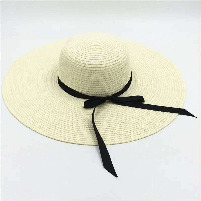 KIMLUD, Summer Simple Floppy Sun Hat Women Wide Brim Beach Hat Girls Seaside Travel Foldable Straw Hat Sunscreen UV Protection Lady Cap, Ribbon milk white / Brim 14cm, KIMLUD APPAREL - Womens Clothes