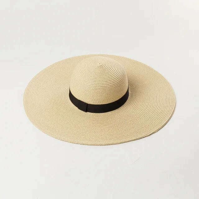 KIMLUD, Summer Simple Floppy Sun Hat Women Wide Brim Beach Hat Girls Seaside Travel Foldable Straw Hat Sunscreen UV Protection Lady Cap, Webbing beige / Brim 14cm, KIMLUD APPAREL - Womens Clothes