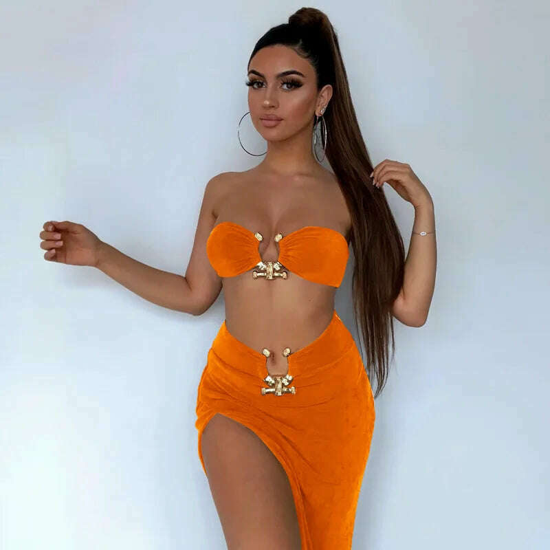 KIMLUD, Summer Strapless Slim Dresses Set For Women Sexy Metal Chain Backless Bodycon Dress Side Split Ladies Party Night Long Dress New, orange dress / S, KIMLUD APPAREL - Womens Clothes