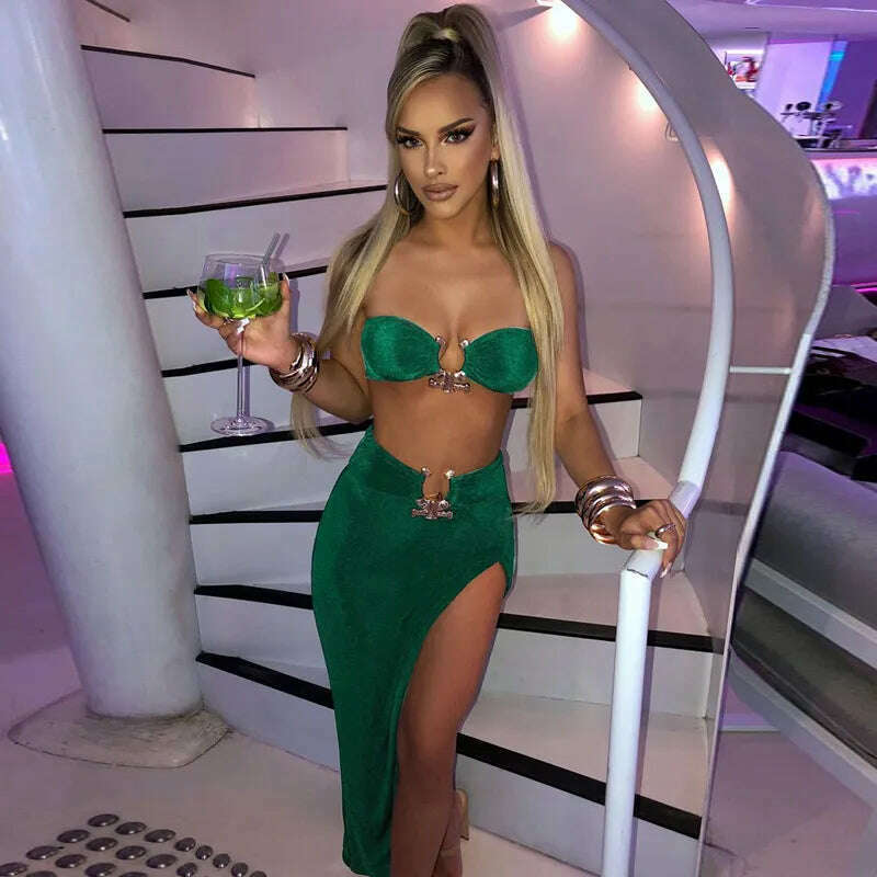 KIMLUD, Summer Strapless Slim Dresses Set For Women Sexy Metal Chain Backless Bodycon Dress Side Split Ladies Party Night Long Dress New, green dress / S, KIMLUD APPAREL - Womens Clothes