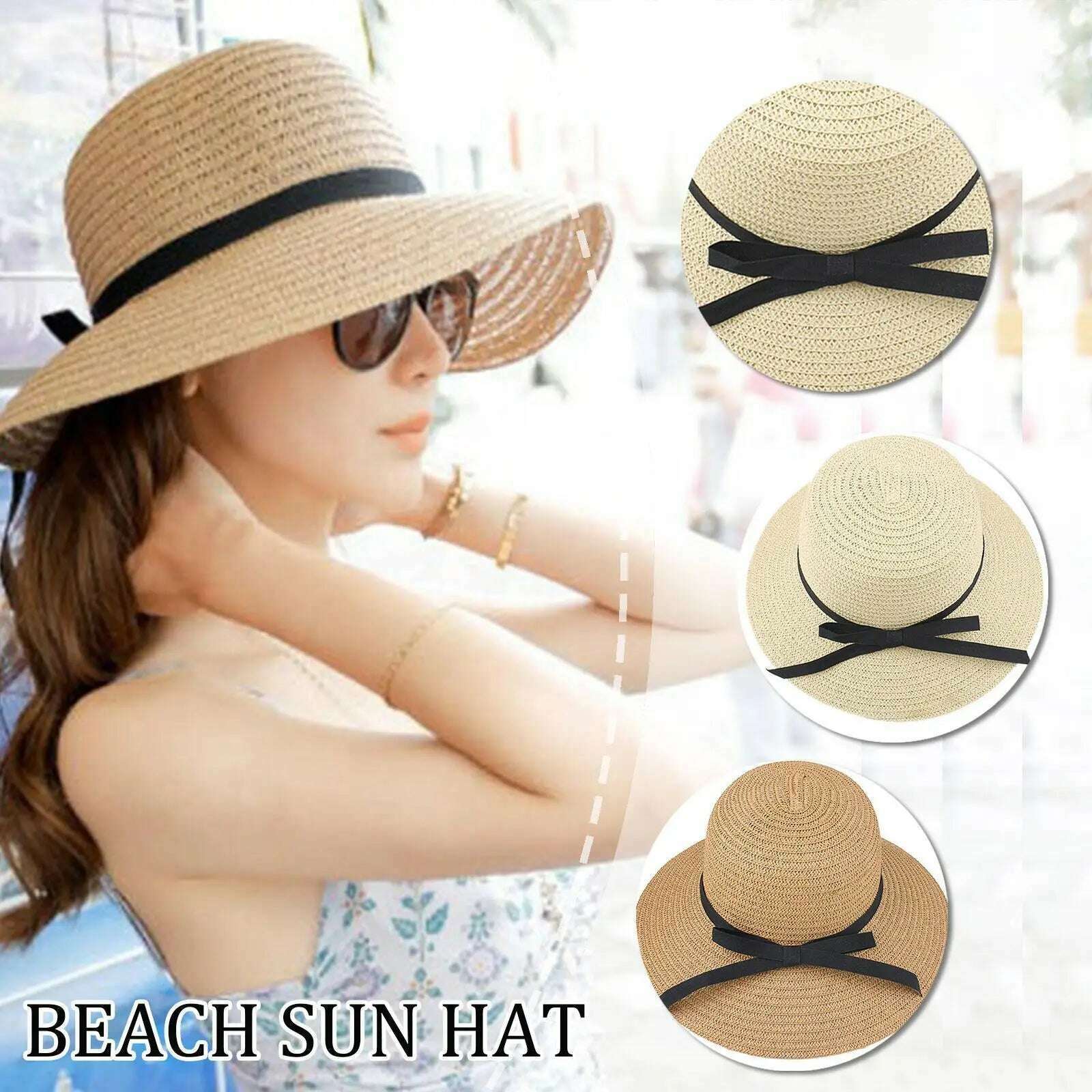 Summer Straw Hat Big Wide Brim Foldable Beach Sun Hat Straw Floppy Sun Block UV Protection Hat Ladies Outdoor Travel Straw Hat - KIMLUD