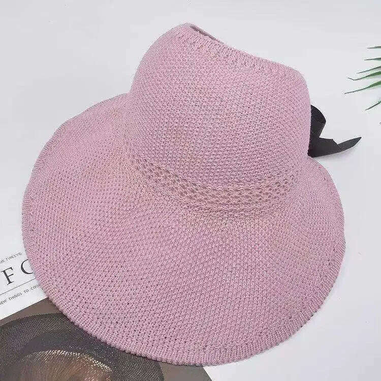 KIMLUD, Summer Women Empty Sun Hat Breathable Hollow Foldable Big Brim Sun-proof Visor Cap Straw Hat Outdoor Travel UV Beach Cap, Pink, KIMLUD APPAREL - Womens Clothes