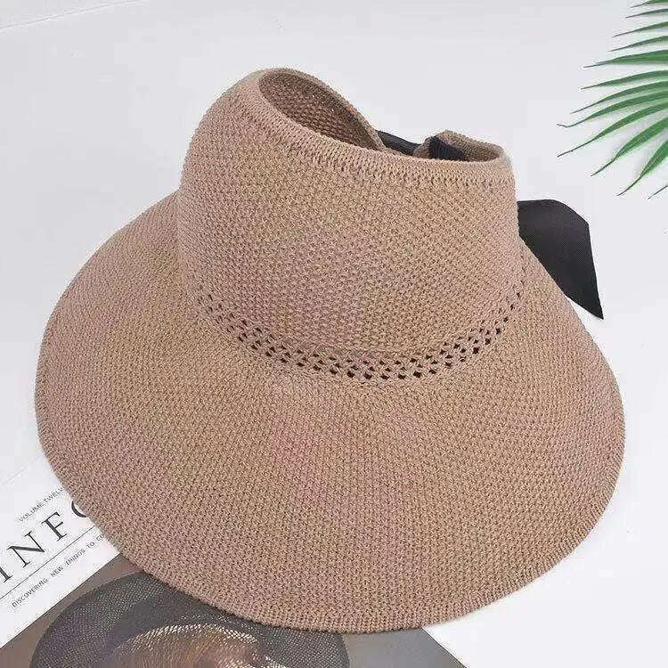 KIMLUD, Summer Women Empty Sun Hat Breathable Hollow Foldable Big Brim Sun-proof Visor Cap Straw Hat Outdoor Travel UV Beach Cap, Khaki, KIMLUD APPAREL - Womens Clothes