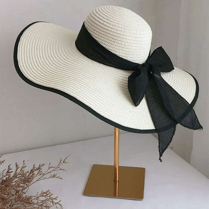 Summer Women Straw Hat Bowknot Wide Brim Floppy Panama Hats Female Lady Outdoor Foldable Beach Sun Cap - KIMLUD