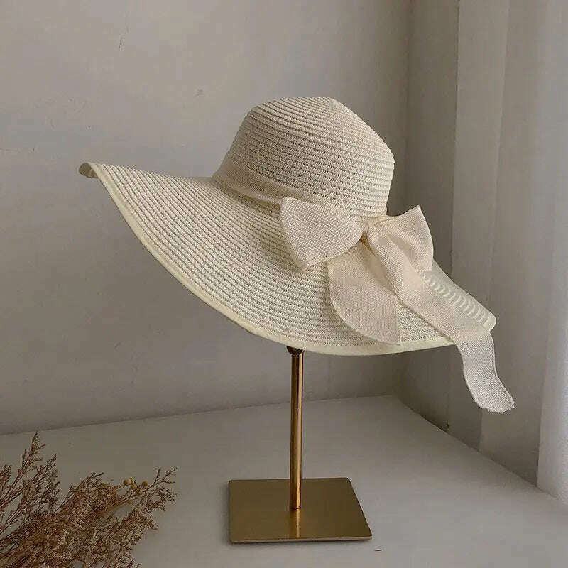 Summer Women Straw Hat Bowknot Wide Brim Floppy Panama Hats Female Lady Outdoor Foldable Beach Sun Cap - KIMLUD