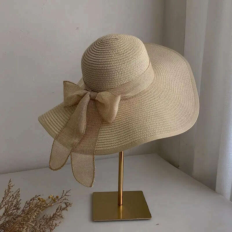 Summer Women Straw Hat Bowknot Wide Brim Floppy Panama Hats Female Lady Outdoor Foldable Beach Sun Cap - KIMLUD