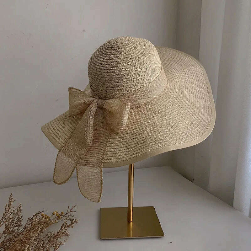 KIMLUD, Summer Women Straw Hat Bowknot Wide Brim Floppy Panama Hats Female Lady Outdoor Foldable Beach Sun Cap, Beige, KIMLUD APPAREL - Womens Clothes