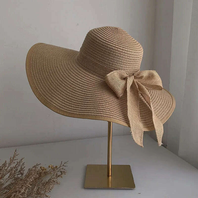 Summer Women Straw Hat Bowknot Wide Brim Floppy Panama Hats Female Lady Outdoor Foldable Beach Sun Cap - KIMLUD