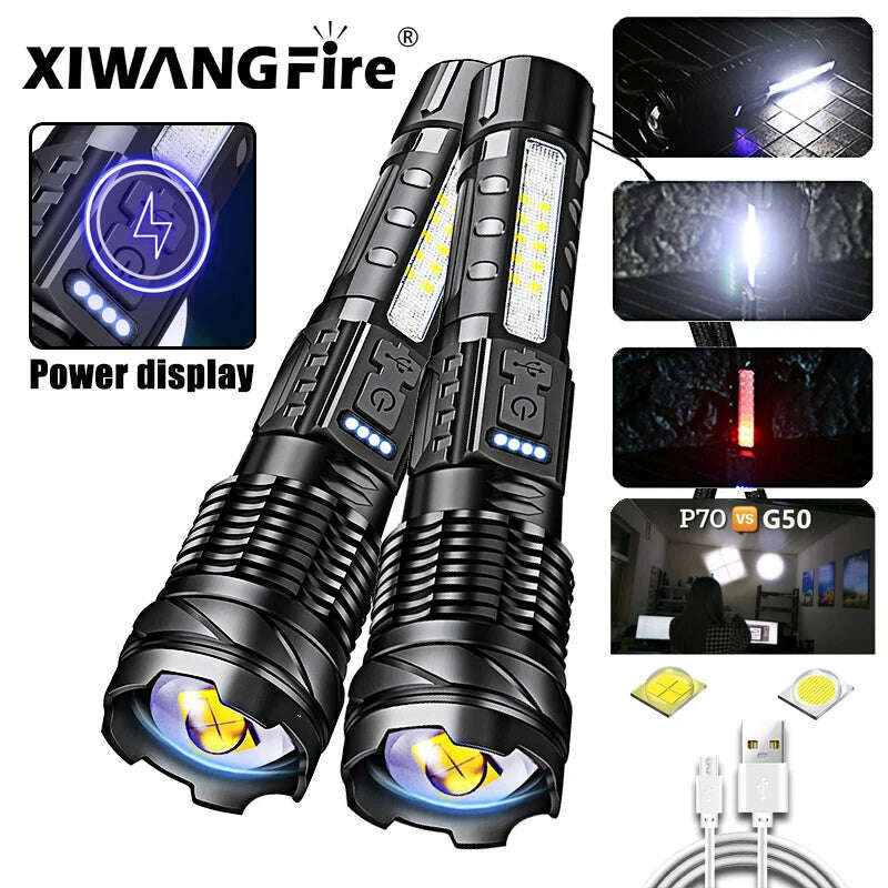 Super Bright P70/G50 Flashlight Powerful 8Modes Emergency Tactical Power Display Light 18650 Built-in Rechargeable T6+COB Torch - KIMLUD