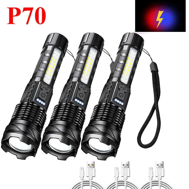 KIMLUD, Super Bright P70/G50 Flashlight Powerful 8Modes Emergency Tactical Power Display Light 18650 Built-in Rechargeable T6+COB Torch, P70 3PCS, KIMLUD APPAREL - Womens Clothes