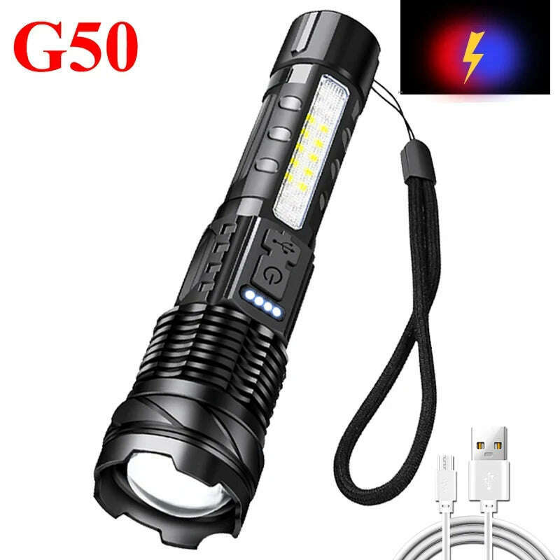 KIMLUD, Super Bright P70/G50 Flashlight Powerful 8Modes Emergency Tactical Power Display Light 18650 Built-in Rechargeable T6+COB Torch, G50 1PC, KIMLUD APPAREL - Womens Clothes