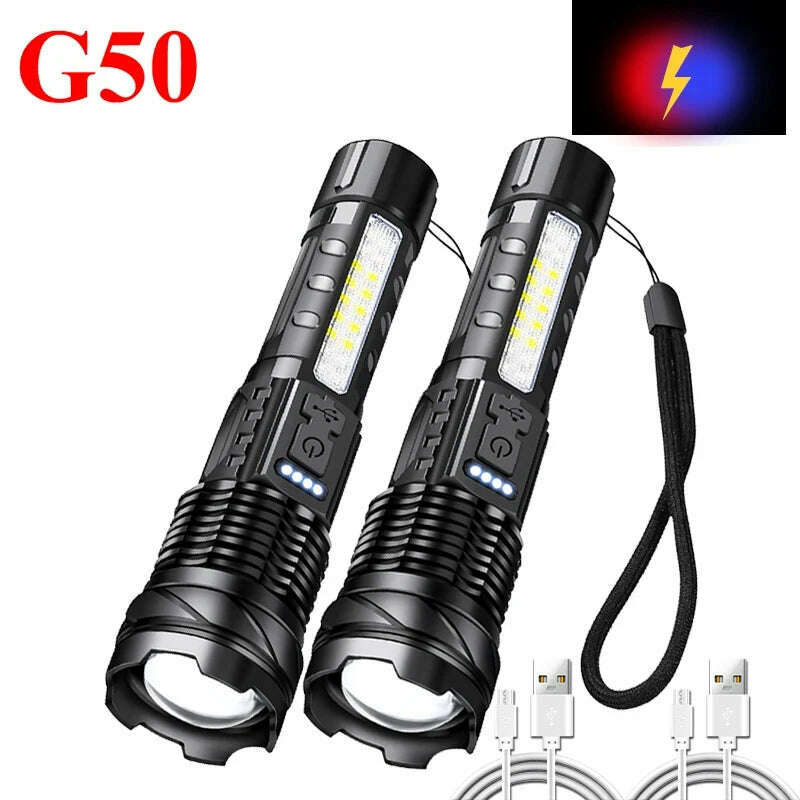 KIMLUD, Super Bright P70/G50 Flashlight Powerful 8Modes Emergency Tactical Power Display Light 18650 Built-in Rechargeable T6+COB Torch, G50 2PCS, KIMLUD APPAREL - Womens Clothes