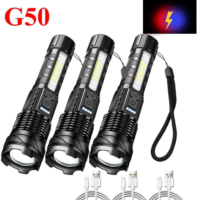 KIMLUD, Super Bright P70/G50 Flashlight Powerful 8Modes Emergency Tactical Power Display Light 18650 Built-in Rechargeable T6+COB Torch, G50 3PCS, KIMLUD APPAREL - Womens Clothes