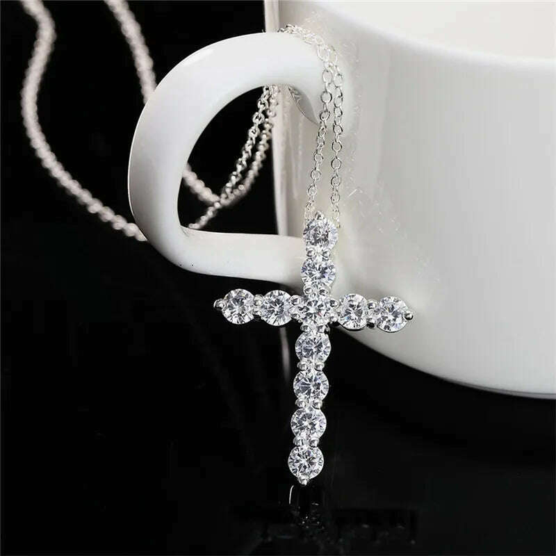 Super shiny AAA Zircon 925 Sterling Silver Cross Pendant Necklaces For Women Party Charm Wedding Fashion Jewelry Gifts - KIMLUD