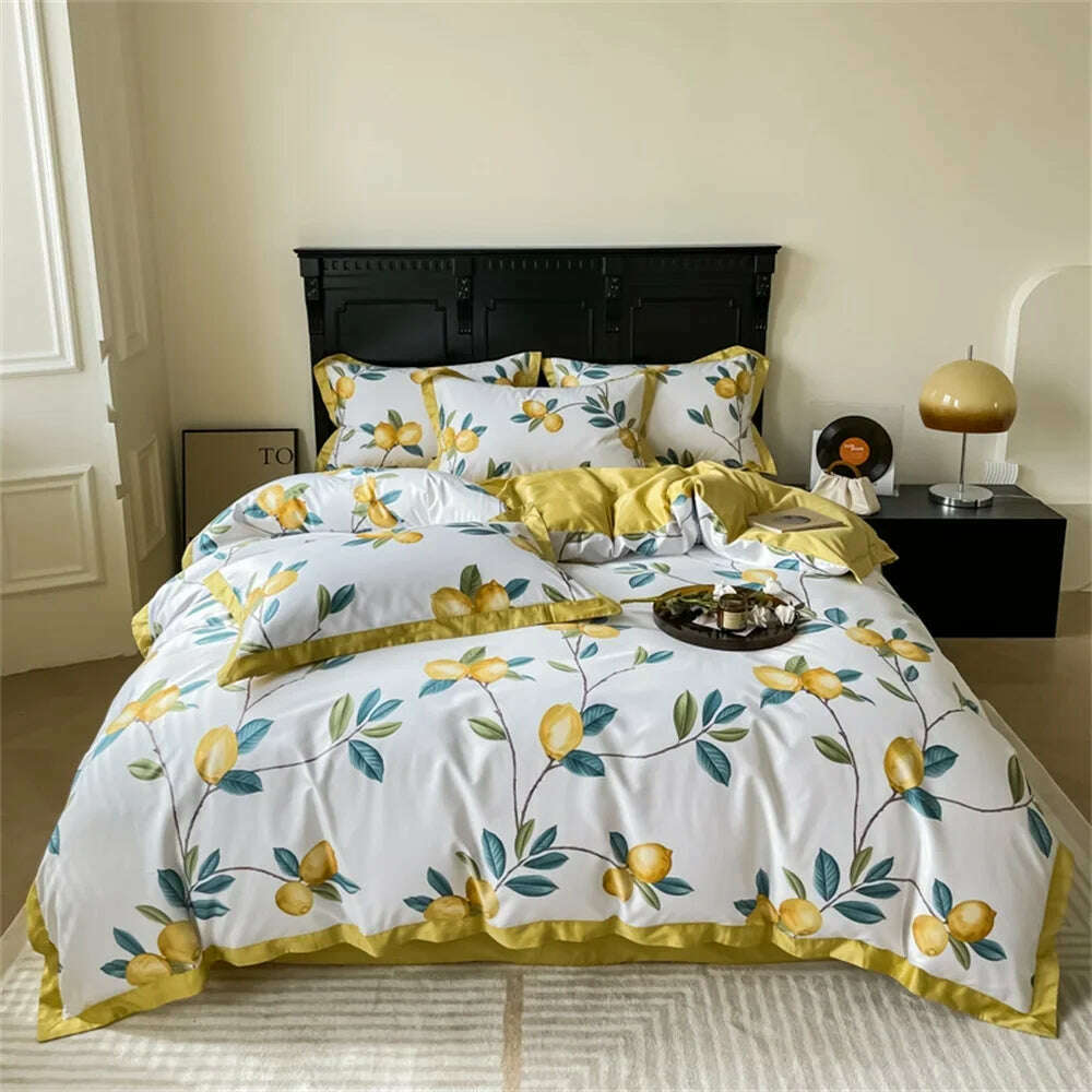 KIMLUD, Svetanya Yellow Lemon Fruit Fresh Bedding Set Satin Egyptian Cotton Duvet Cover Set Queen King Size Linens Pillowcases, KIMLUD Womens Clothes