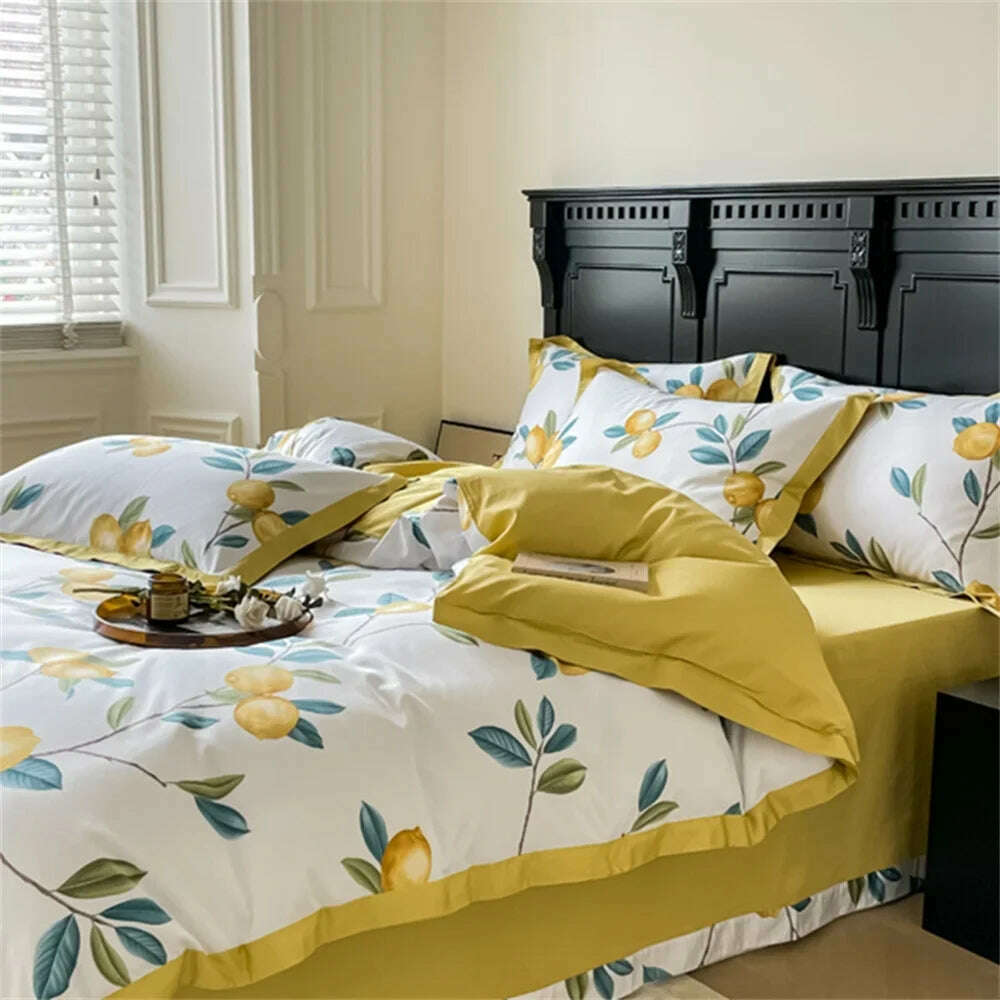 KIMLUD, Svetanya Yellow Lemon Fruit Fresh Bedding Set Satin Egyptian Cotton Duvet Cover Set Queen King Size Linens Pillowcases, KIMLUD Womens Clothes