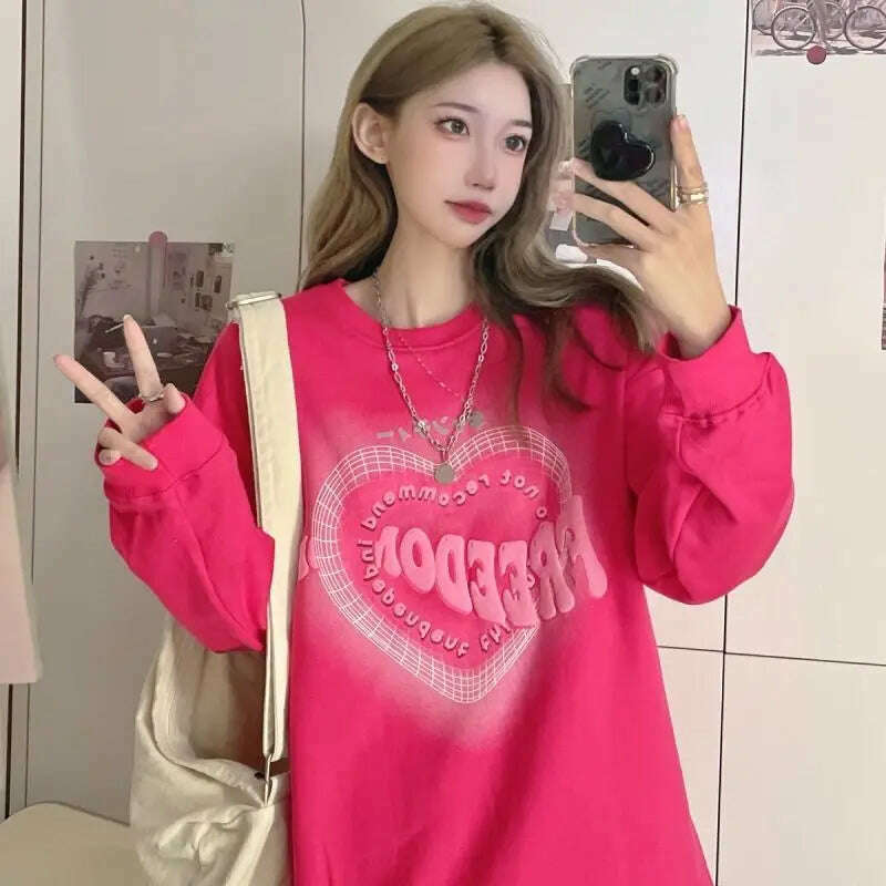 KIMLUD, Sweatshirts Women Autumn Sweet Tender Printing Loose Ulzzang All-match Design Leisure Fit Chic O-neck Vintage Simple Teenagers, rosy / M, KIMLUD APPAREL - Womens Clothes