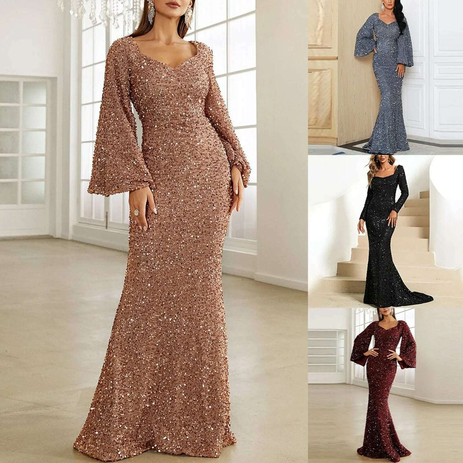 KIMLUD, Sweetheart Neck Trumpet Sleeve Floor Length Sequins Prom Dress Women Elegant Wedding Party Long Maxi Fashion Evening Dresses, KIMLUD Womens Clothes