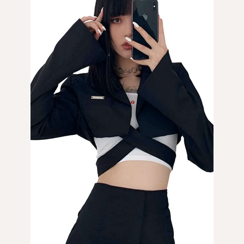 KIMLUD, Sylcue Hong Kong Flavor Cool Girl Dark High Waist Cross Tie Long Sleeve Suit Women All-Match Fashion Silm Short Jacket, KIMLUD Womens Clothes