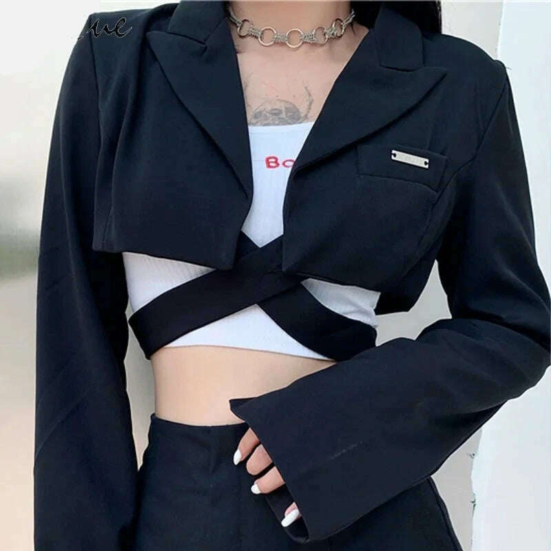 Sylcue Hong Kong Flavor Cool Girl Dark High Waist Cross Tie Long Sleeve Suit Women All-Match Fashion Silm Short Jacket - KIMLUD