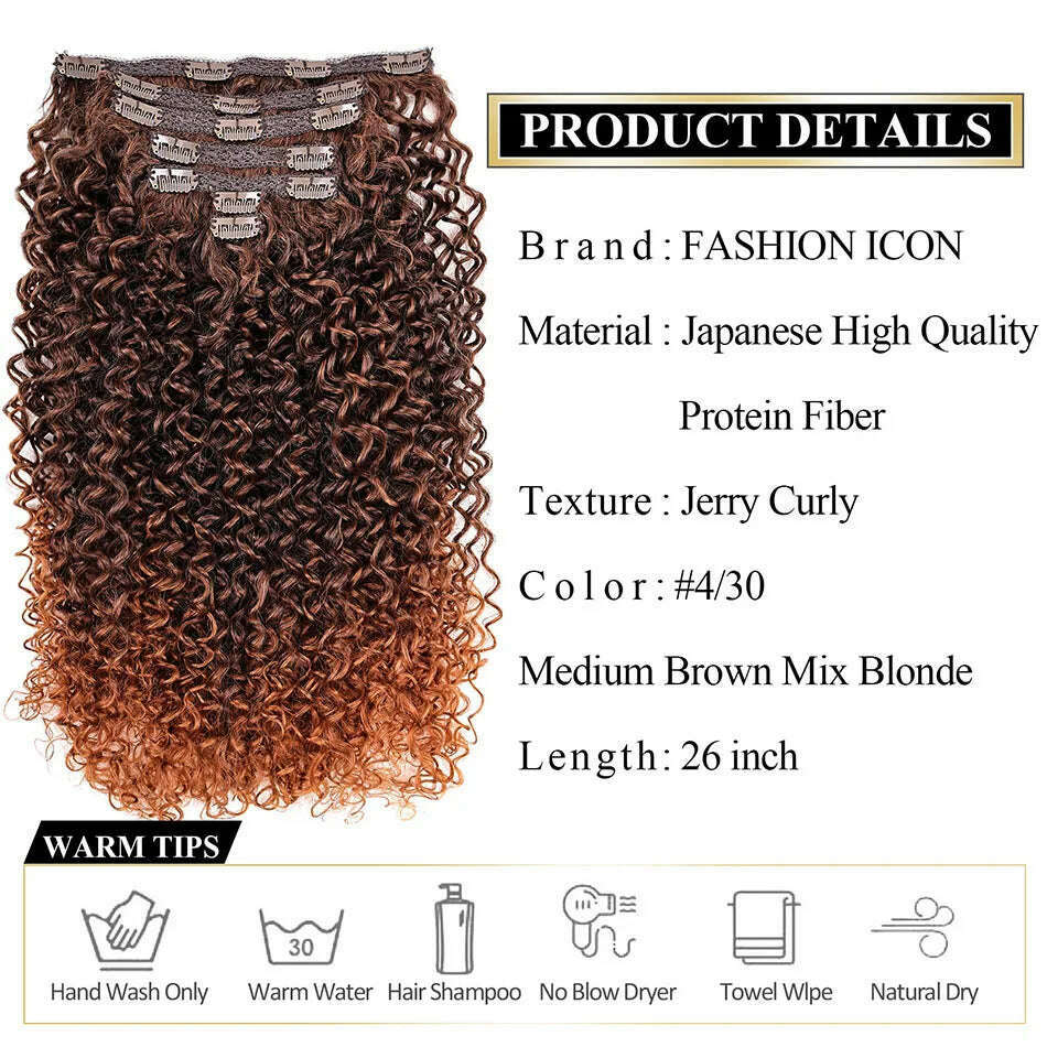 Synthetic Clip In Hair Extension Full Head Long 26”140g Afro Kinky Curly Fake Hair Pieces Clip-on Blacke Brown hairpin For Women - KIMLUD