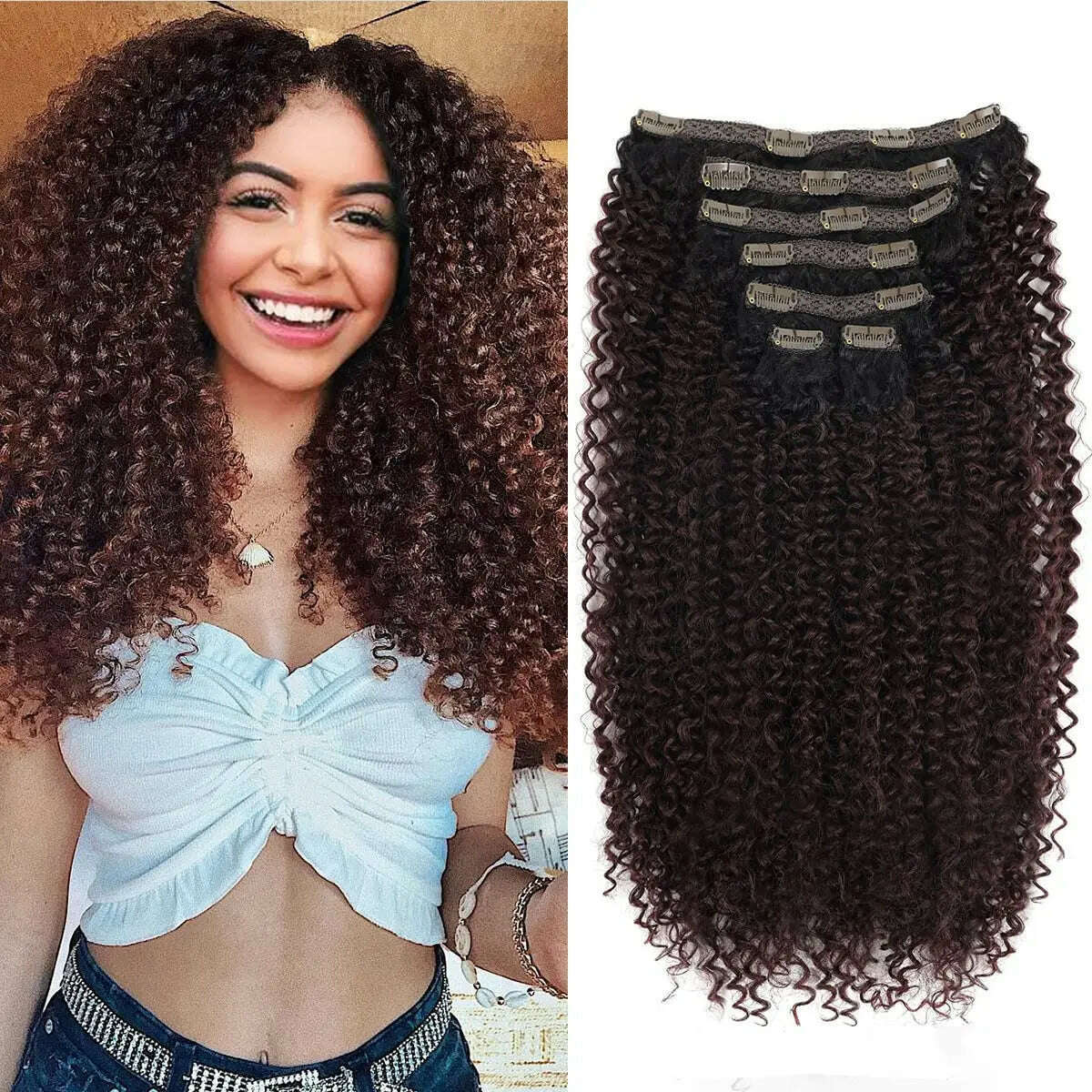 Synthetic Clip In Hair Extension Full Head Long 26”140g Afro Kinky Curly Fake Hair Pieces Clip-on Blacke Brown hairpin For Women - KIMLUD