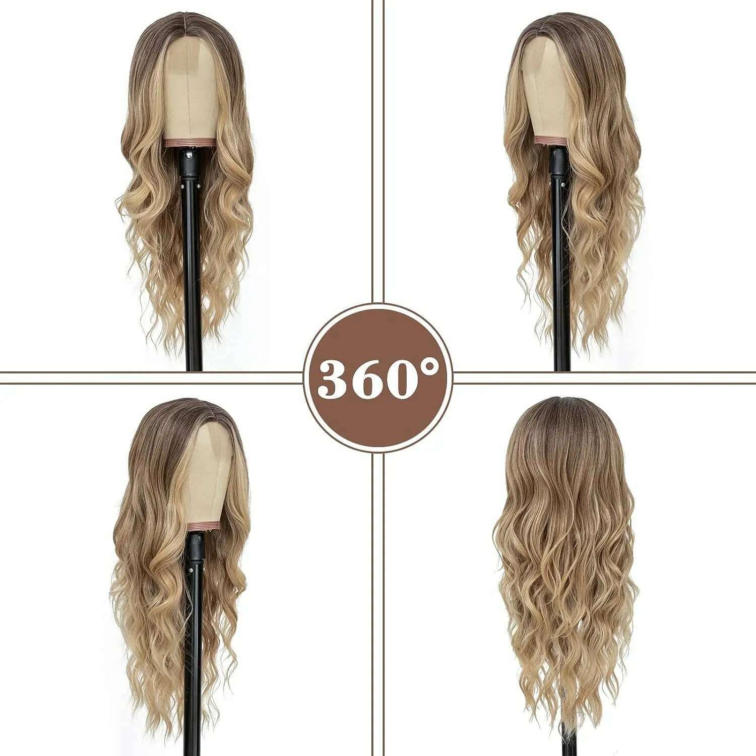 Synthetic Long Lace Ombre Blonde Wavy Wig for Women 26 Inch Middle Part Curly Natural Looking Heat Resistant Fiber for Daily - KIMLUD