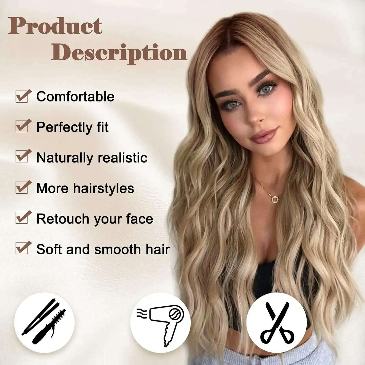 Synthetic Long Lace Ombre Blonde Wavy Wig for Women 26 Inch Middle Part Curly Natural Looking Heat Resistant Fiber for Daily - KIMLUD