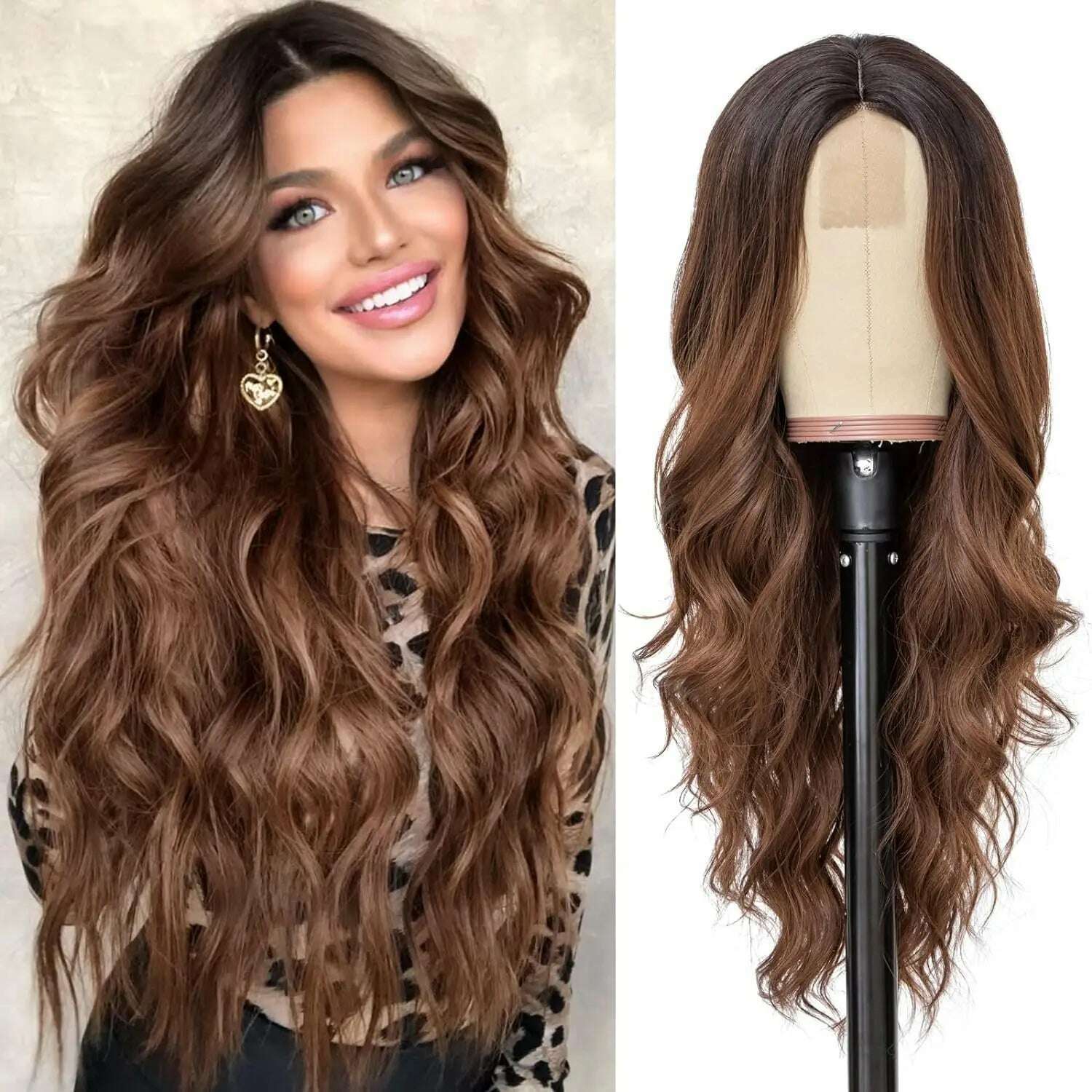 Synthetic Long Lace Ombre Blonde Wavy Wig for Women 26 Inch Middle Part Curly Natural Looking Heat Resistant Fiber for Daily - KIMLUD