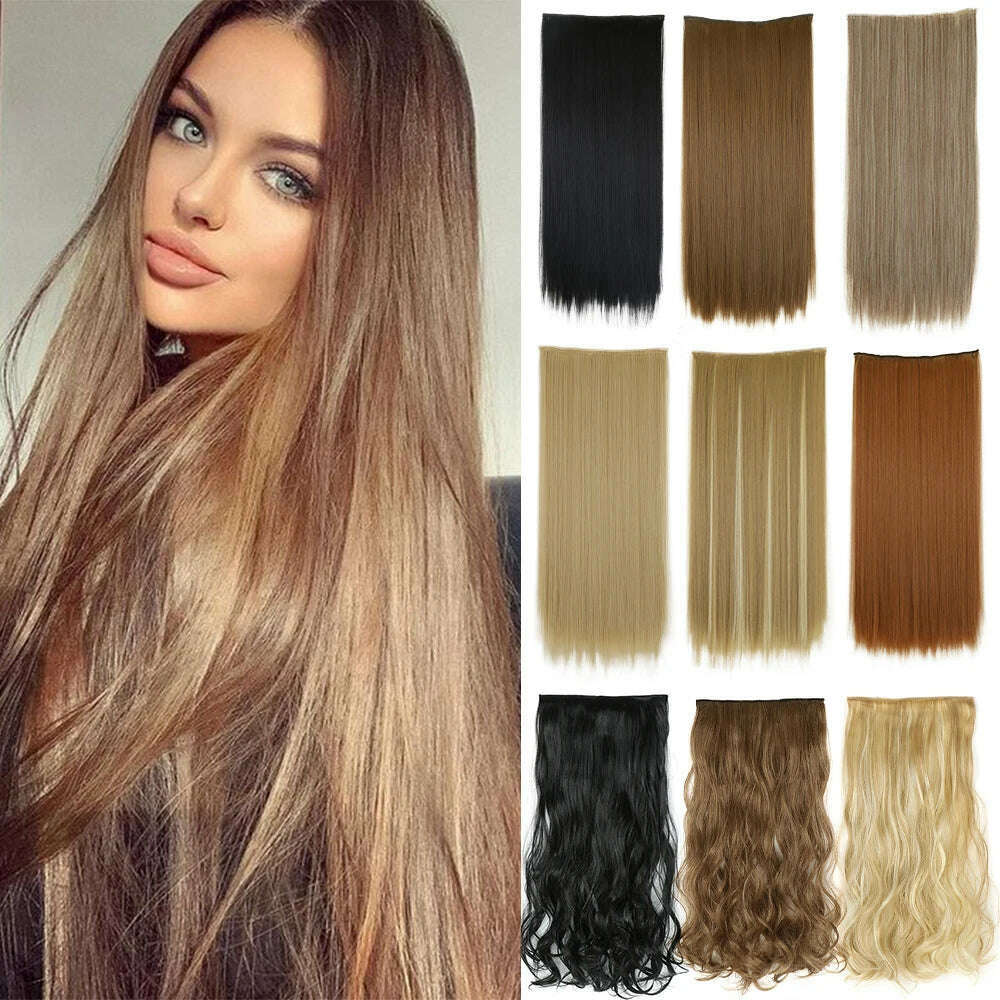 KIMLUD, Synthetic Long Straight Clip In One Piece Hair Extension 5 Clips False Blonde Hair Brown Black Heat Resistant Fake Hair, KIMLUD Womens Clothes