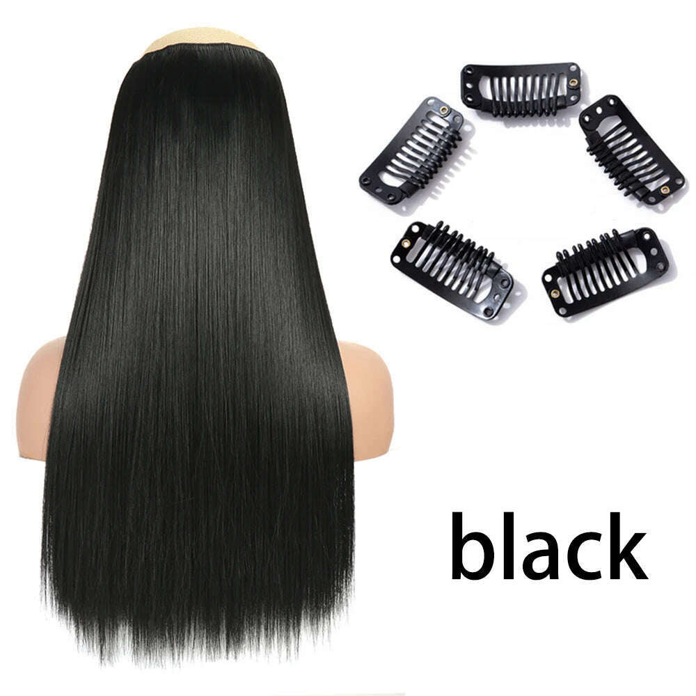 Synthetic Long Straight Clip In One Piece Hair Extension 5 Clips False Blonde Hair Brown Black Heat Resistant Fake Hair - KIMLUD