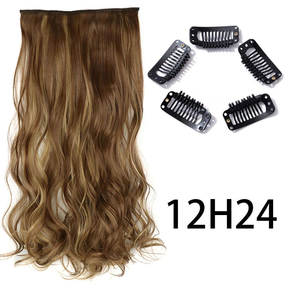 Synthetic Long Straight Clip In One Piece Hair Extension 5 Clips False Blonde Hair Brown Black Heat Resistant Fake Hair - KIMLUD