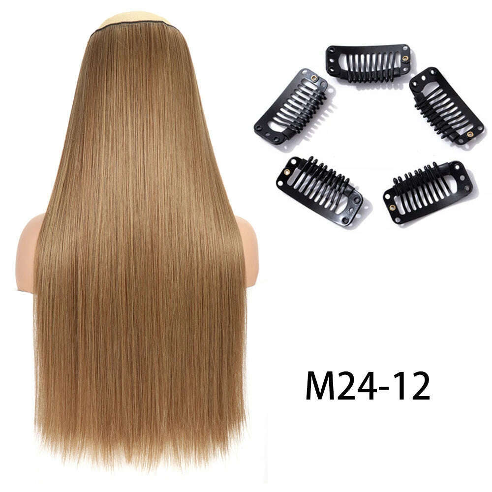 KIMLUD, Synthetic Long Straight Clip In One Piece Hair Extension 5 Clips False Blonde Hair Brown Black Heat Resistant Fake Hair, M24-12 / 24inches / CHINA, KIMLUD APPAREL - Womens Clothes