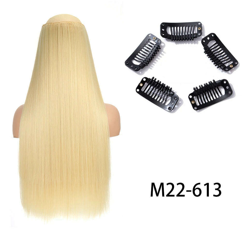 Synthetic Long Straight Clip In One Piece Hair Extension 5 Clips False Blonde Hair Brown Black Heat Resistant Fake Hair - KIMLUD