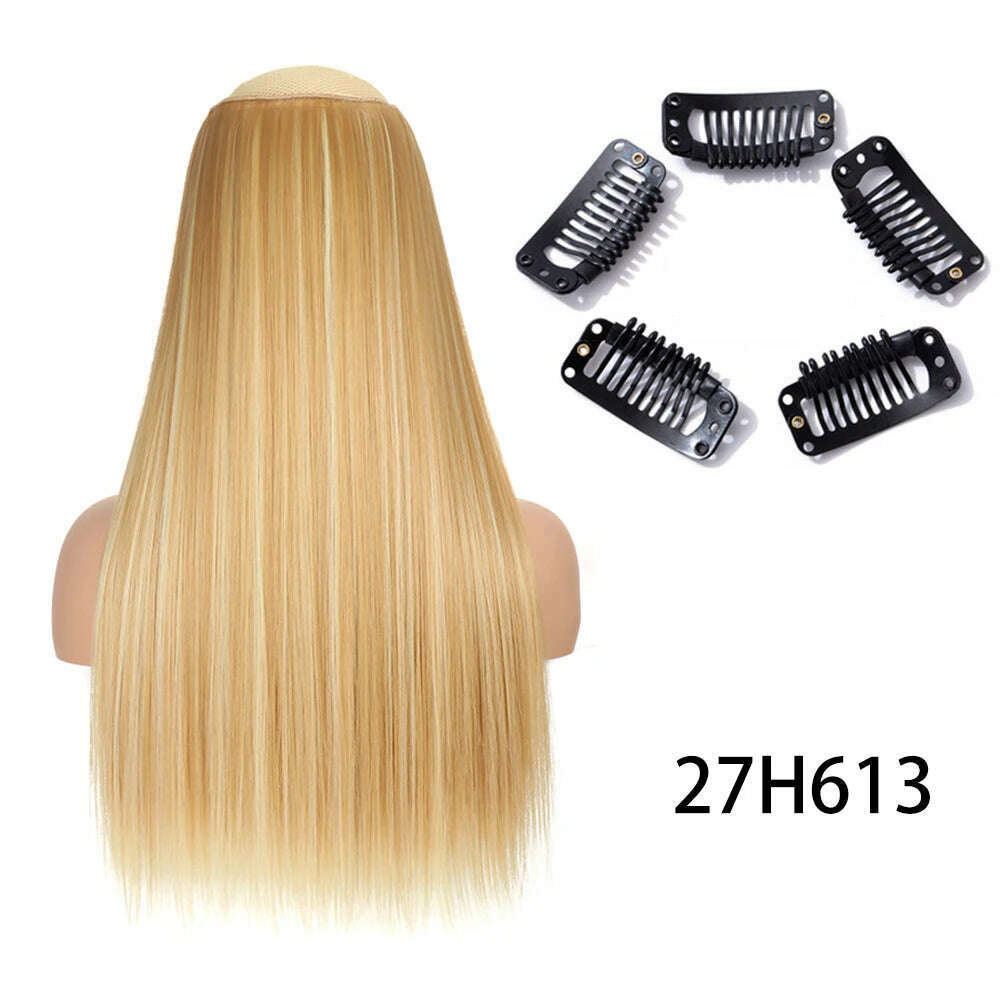 Synthetic Long Straight Clip In One Piece Hair Extension 5 Clips False Blonde Hair Brown Black Heat Resistant Fake Hair - KIMLUD