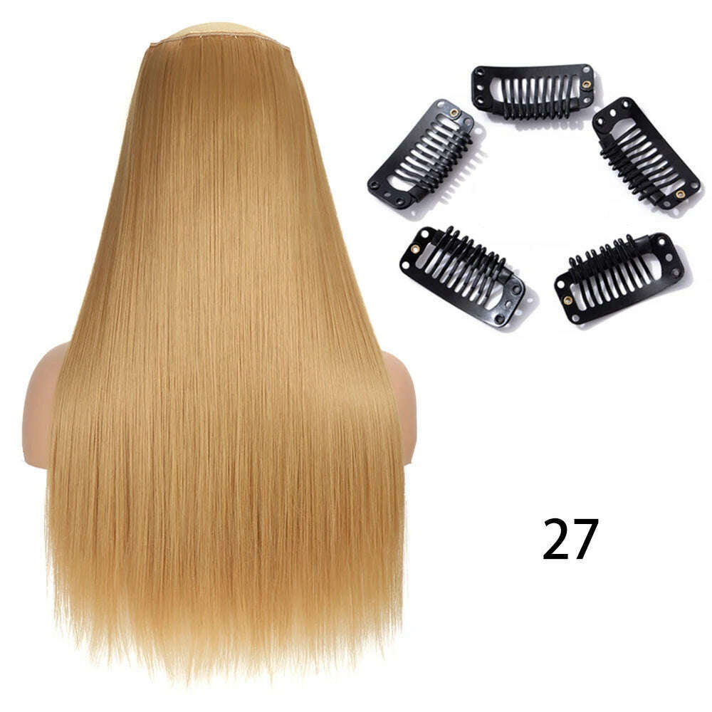 Synthetic Long Straight Clip In One Piece Hair Extension 5 Clips False Blonde Hair Brown Black Heat Resistant Fake Hair - KIMLUD