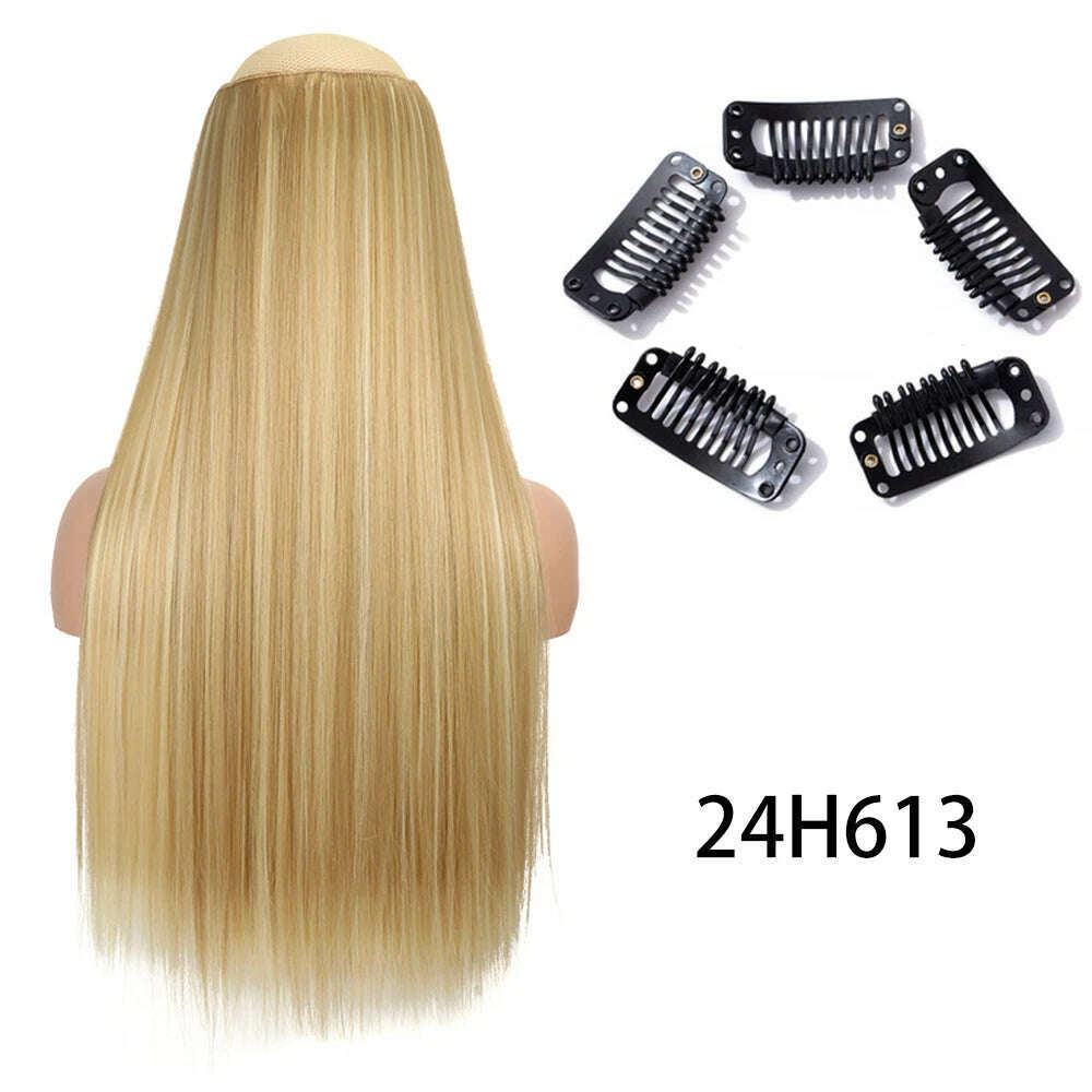 Synthetic Long Straight Clip In One Piece Hair Extension 5 Clips False Blonde Hair Brown Black Heat Resistant Fake Hair - KIMLUD