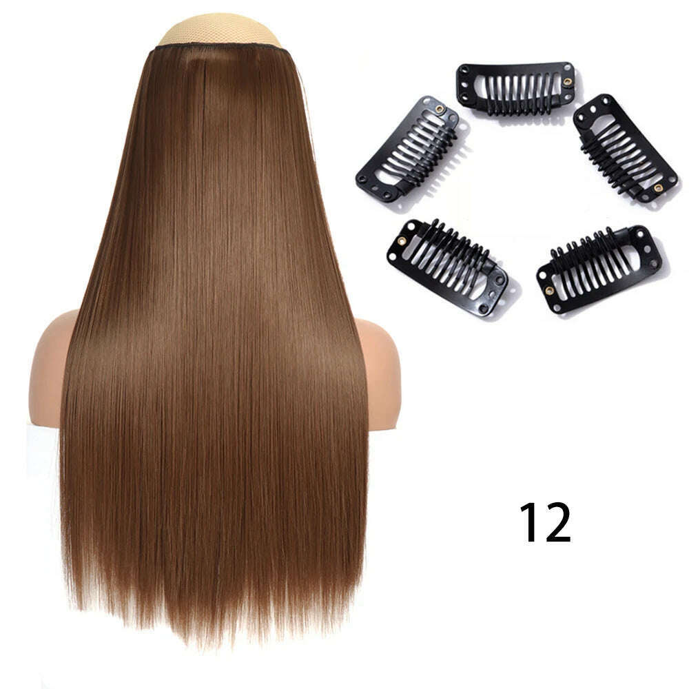 Synthetic Long Straight Clip In One Piece Hair Extension 5 Clips False Blonde Hair Brown Black Heat Resistant Fake Hair - KIMLUD