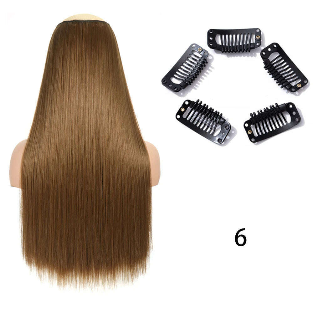 Synthetic Long Straight Clip In One Piece Hair Extension 5 Clips False Blonde Hair Brown Black Heat Resistant Fake Hair - KIMLUD