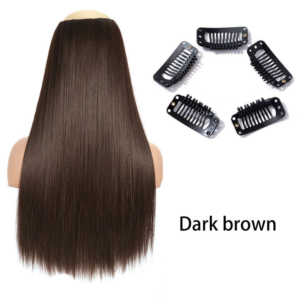 Synthetic Long Straight Clip In One Piece Hair Extension 5 Clips False Blonde Hair Brown Black Heat Resistant Fake Hair - KIMLUD