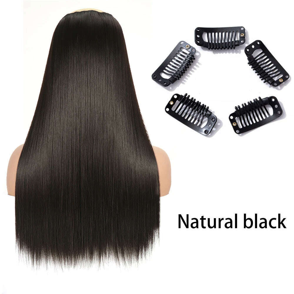 Synthetic Long Straight Clip In One Piece Hair Extension 5 Clips False Blonde Hair Brown Black Heat Resistant Fake Hair - KIMLUD