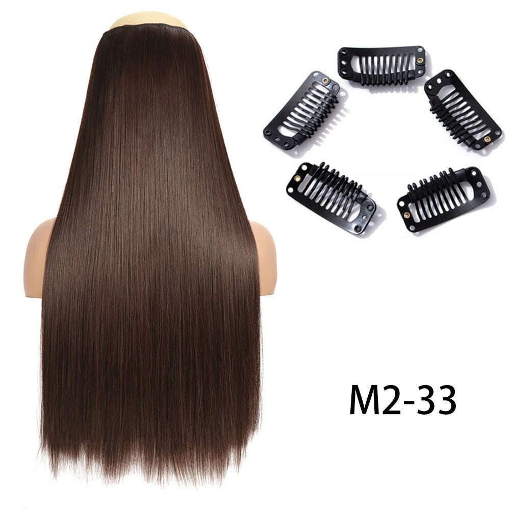 Synthetic Long Straight Clip In One Piece Hair Extension 5 Clips False Blonde Hair Brown Black Heat Resistant Fake Hair - KIMLUD