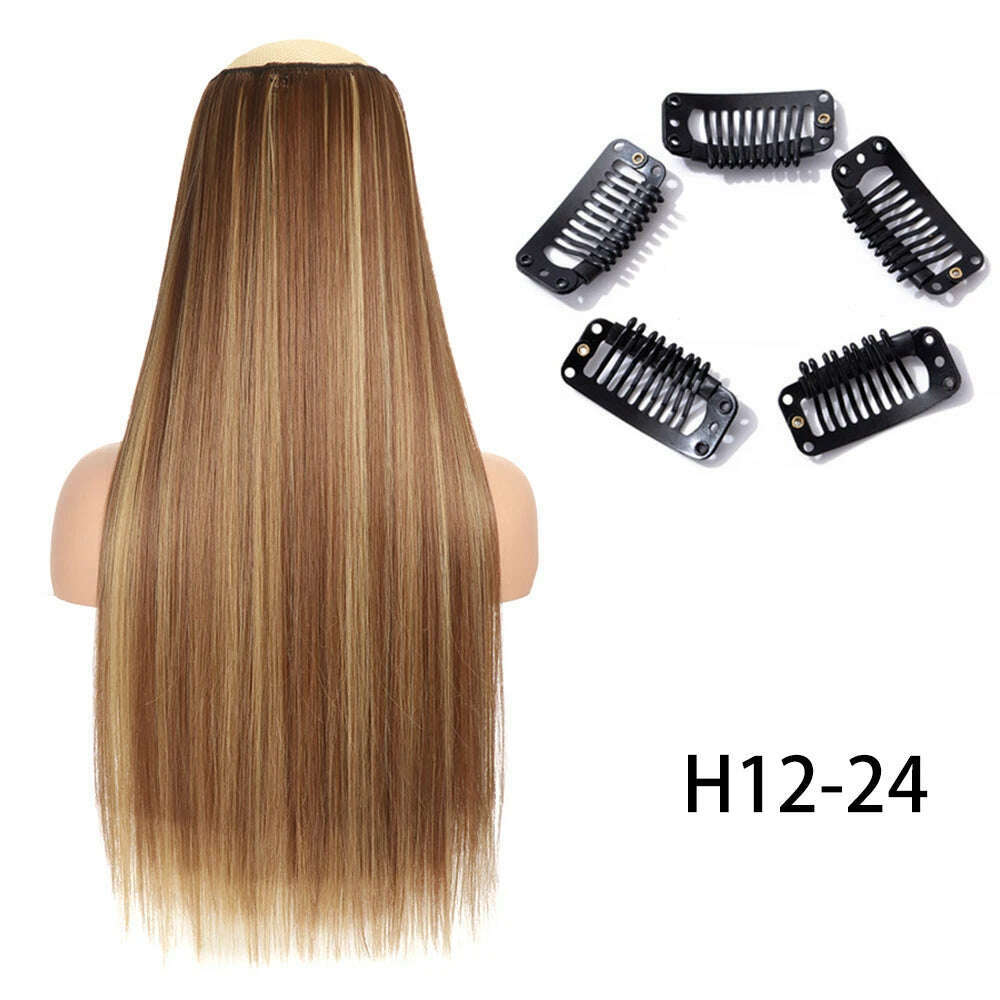 Synthetic Long Straight Clip In One Piece Hair Extension 5 Clips False Blonde Hair Brown Black Heat Resistant Fake Hair - KIMLUD